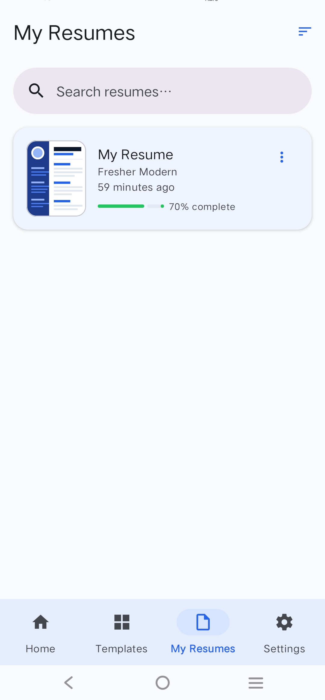 Resume Builder my resumes screen