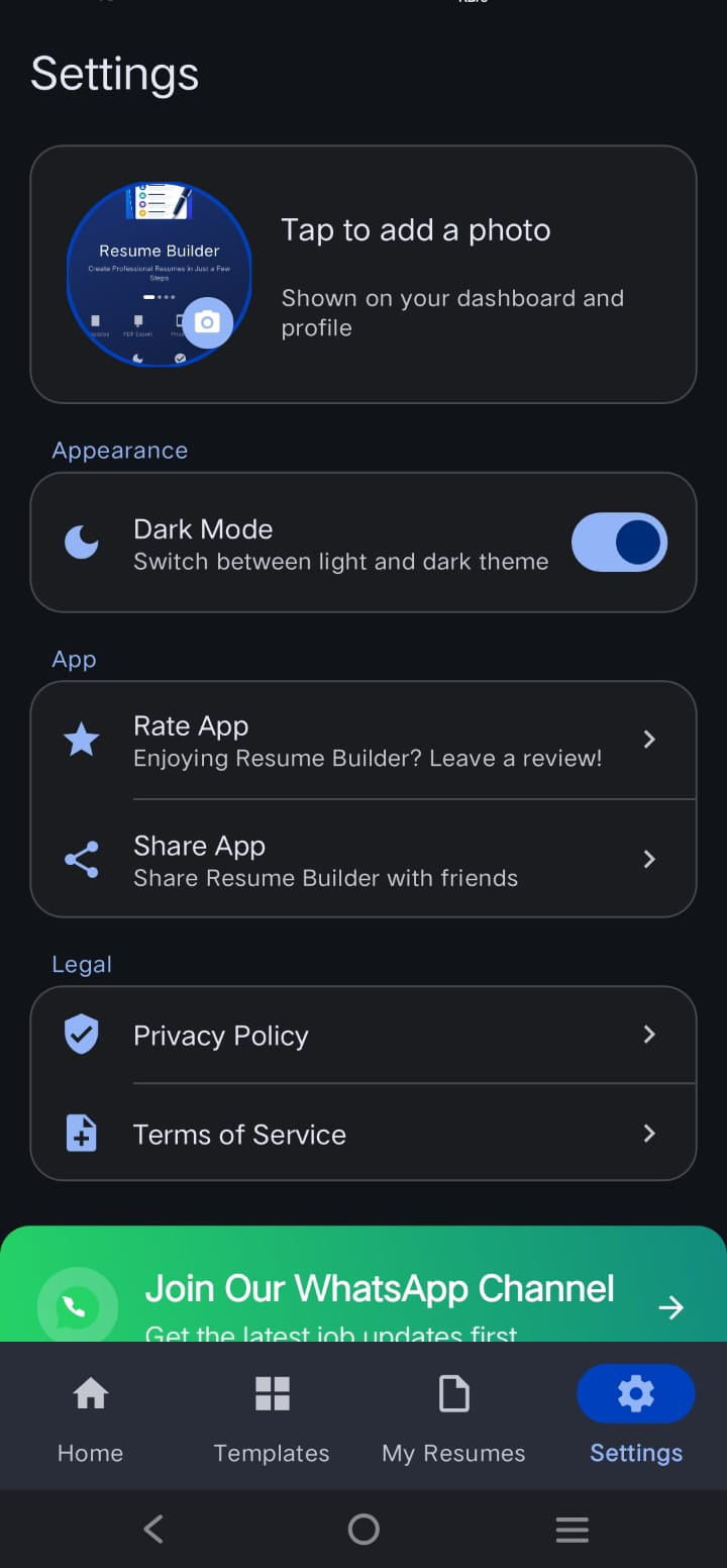 Resume Builder settings screen in dark mode