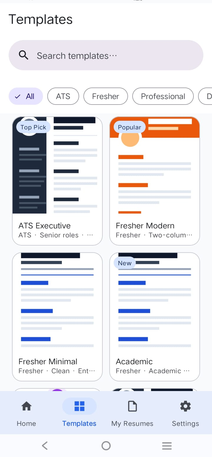 Resume Builder templates screen